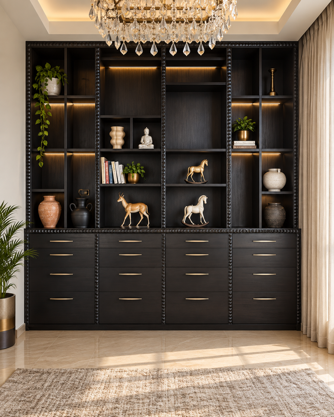 Luxury Darkwood Display Wall with Chandelier